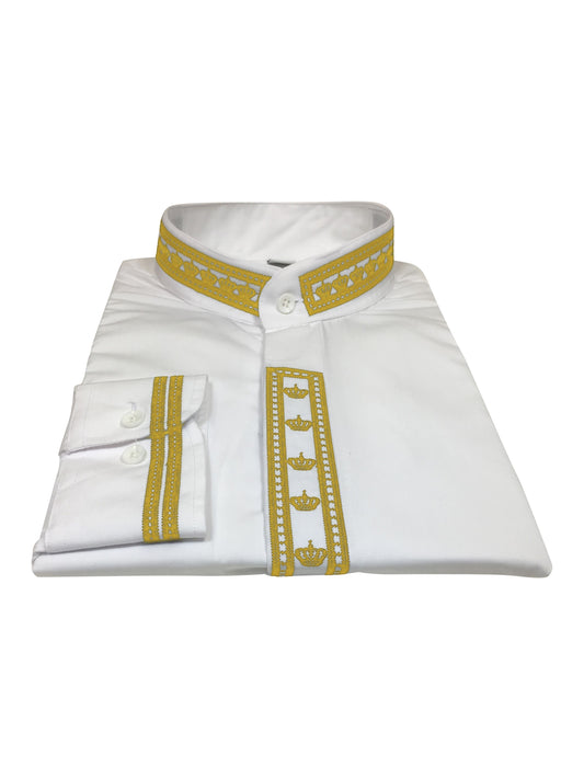 343. Men's Clergy Shirt With Rejoice Crown Fine Embroidery Long Sleeves- White/Gold
