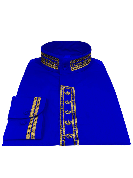 347. Men's Clergy Shirt With Rejoice Crown Fine Embroidery Long Sleeves- Royal/Gold