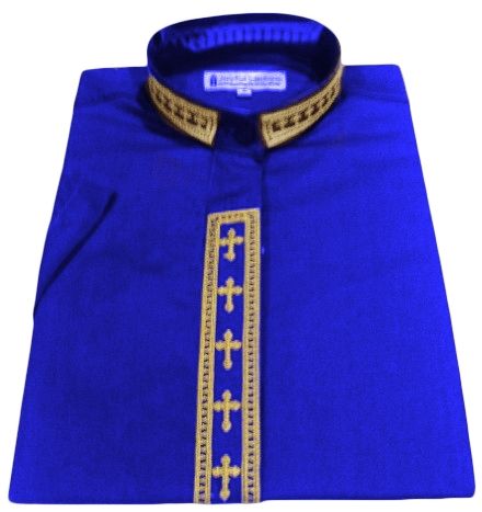 Women's Short-Sleeve Clergy Shirt With Fine Embroidery - Royal/Gold