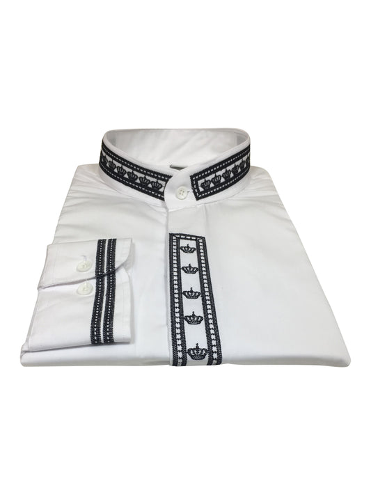 344. Men's Clergy Shirt With Rejoice Crown Fine Embroidery Long Sleeves- White/Black