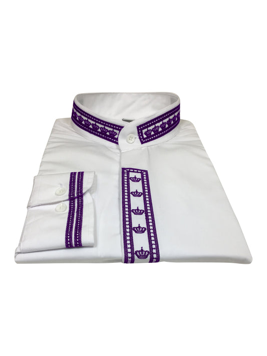 345. Men's Clergy Shirt With Rejoice Crown Fine Embroidery Long Sleeves- White/Purple
