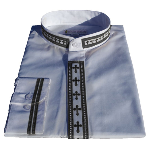 316. Men's Long-Sleeve Clergy Shirt With Fine Embroidery - White/Black