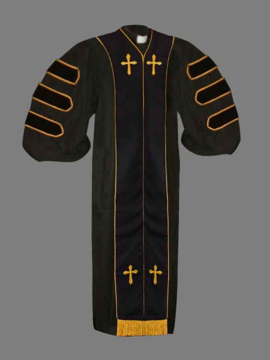 Dr. of Divinity Clergy Robe Black and Black/Gold Doctor Bars with Free Stole
