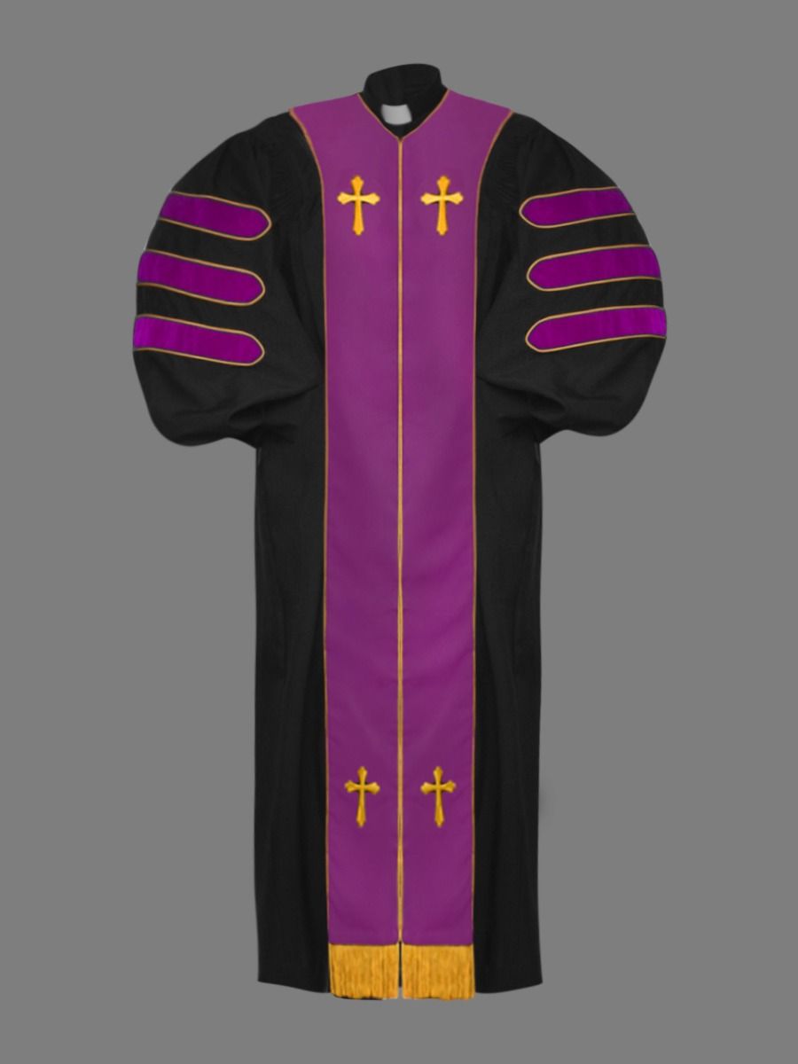 Dr. of Divinity Robe Black and Purple/Gold Doctor Bars with Free Stole