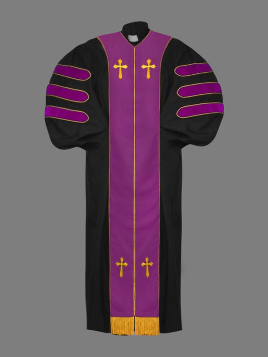 Dr. of Divinity Robe Black and Purple/Gold Doctor Bars with Free Stole