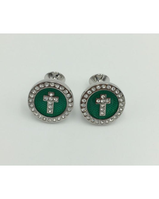 2 Pc. Noble Circle Cross Diamond Stone Cufflinks - Emerald Green