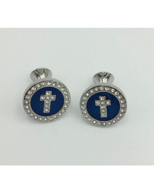 2 Pc. Noble Circle Cross Diamond Stone Cufflinks - Cobalt Blue