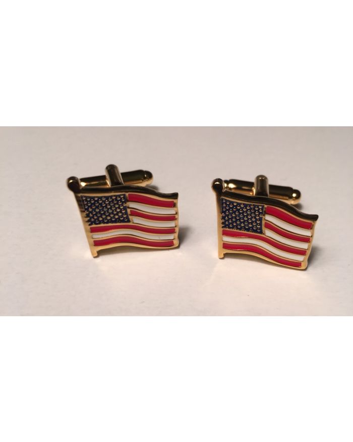 2 Pc. American Flag - God Bless America Style Cufflinks with Windy Look in Gold