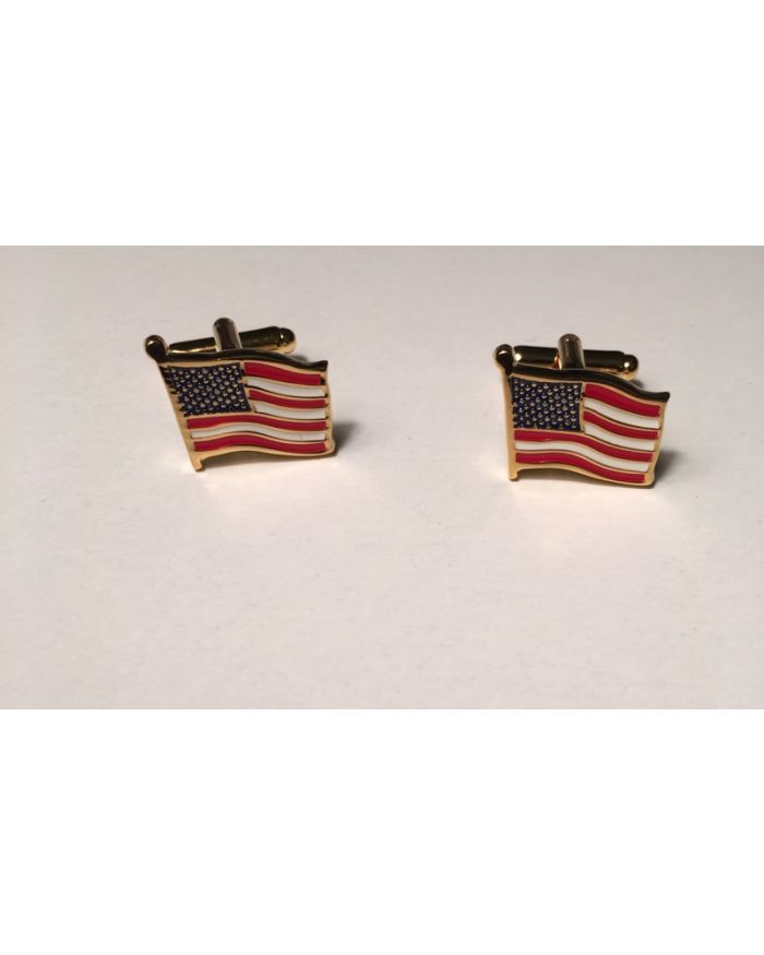 2 Pc. American Flag - God Bless America Style Cufflinks with Windy Look in Gold