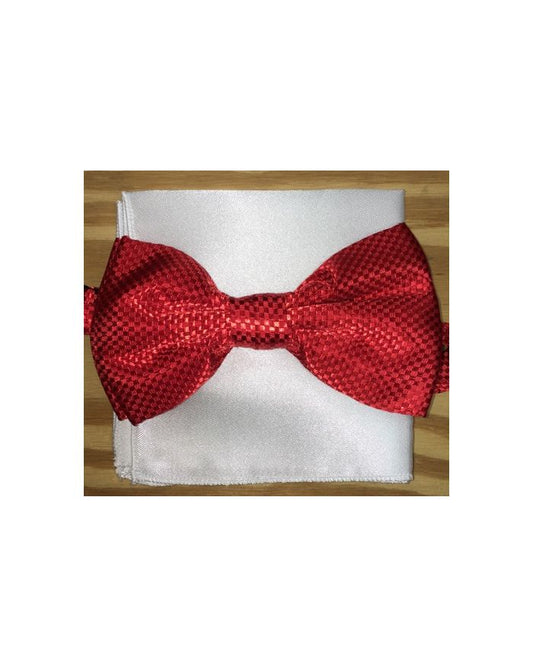 *Men's Checkered Fashion Silky Pattern Bow Tie + Solid Hanky - Red