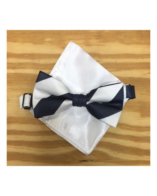 *Men's Striped Classy Navy and White Bow Tie + Solid Hanky