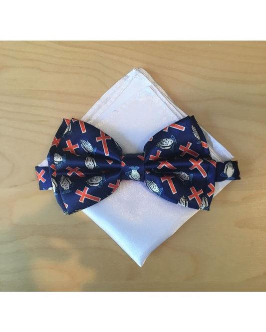 *Men's Religious Novelty Cross AND Praying Hands Cobalt Bow Tie + Solid Hanky