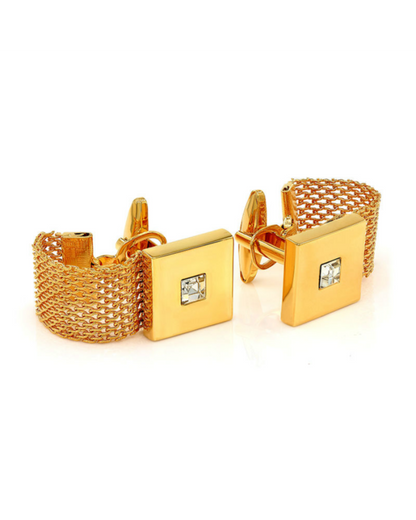 2 Pc. Chain Wrap-Around Square Cufflinks with a Crystal Stone - GOLD