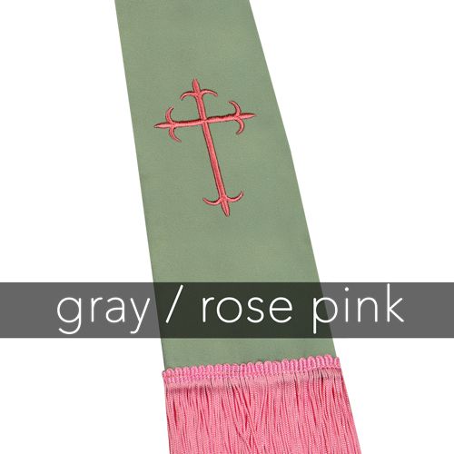 Clergy Stole - Grey Satin with Rose Latin Crosses