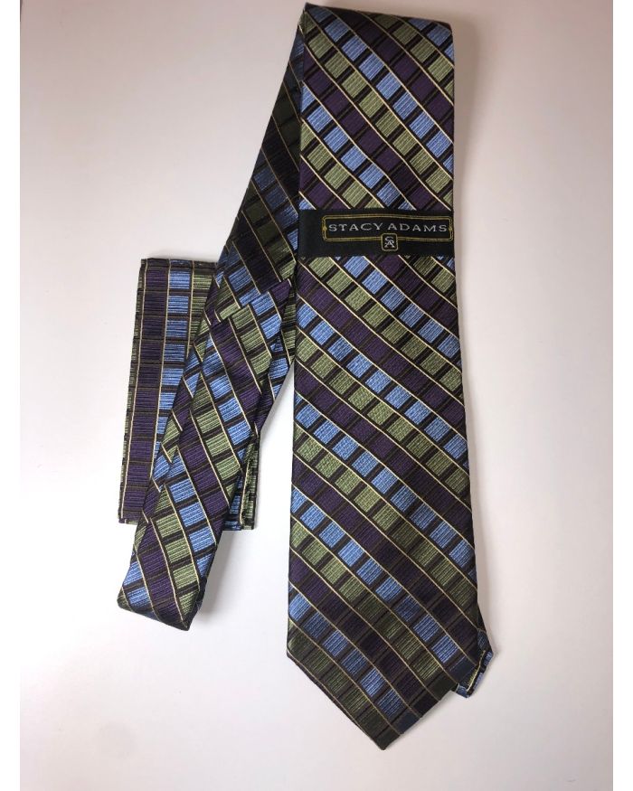 **Stacy Adams Premium Handmade Silk Neck Tie AND HANKY - Olive & Purple Squares