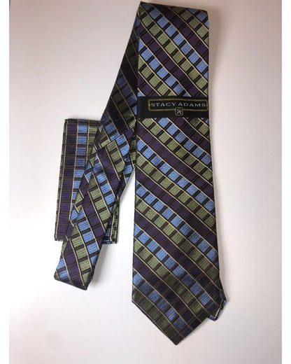 **Stacy Adams Premium Handmade Silk Neck Tie AND HANKY - Olive & Purple Squares