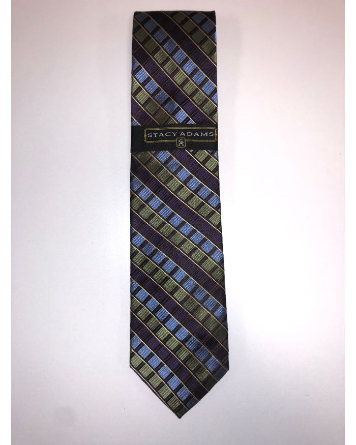 **Stacy Adams Premium Handmade Silk Neck Tie AND HANKY - Olive & Purple Squares