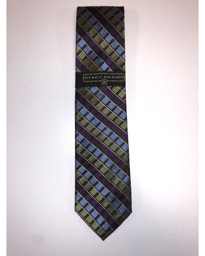 **Stacy Adams Premium Handmade Silk Neck Tie AND HANKY - Olive & Purple Squares