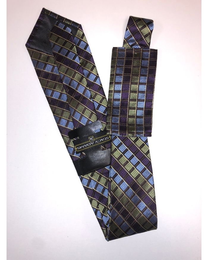**Stacy Adams Premium Handmade Silk Neck Tie AND HANKY - Olive & Purple Squares