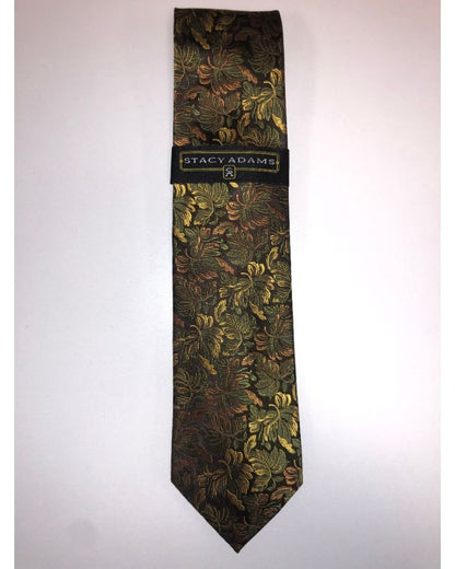 **Stacy Adams Premium Handmade Silk Neck Tie AND HANKY - Brown & Gold Floral