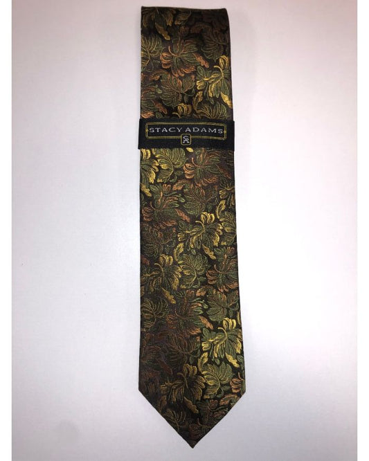 **Stacy Adams Premium Handmade Silk Neck Tie AND HANKY - Brown & Gold Floral