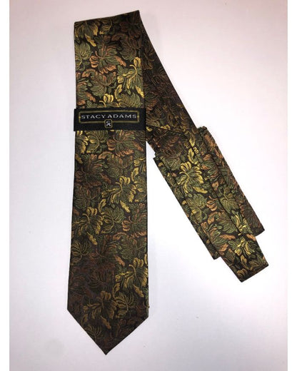 **Stacy Adams Premium Handmade Silk Neck Tie AND HANKY - Brown & Gold Floral
