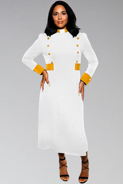 Women's Clergy Dress White with Gold Designer Buttons