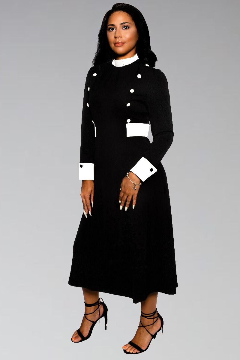Women's Clergy Dress Black with White Designer Buttons