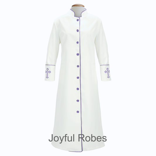 204 W. Women's Pastor/Clergy Robe - White/Purple Design