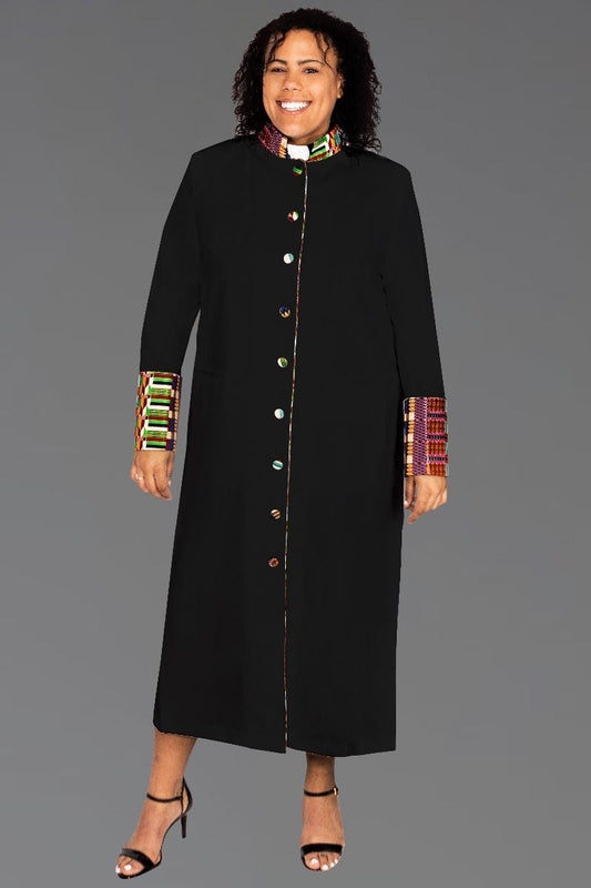 832 W. Ladies Clergy Robe - Black with Modern African Kwangali Fabric