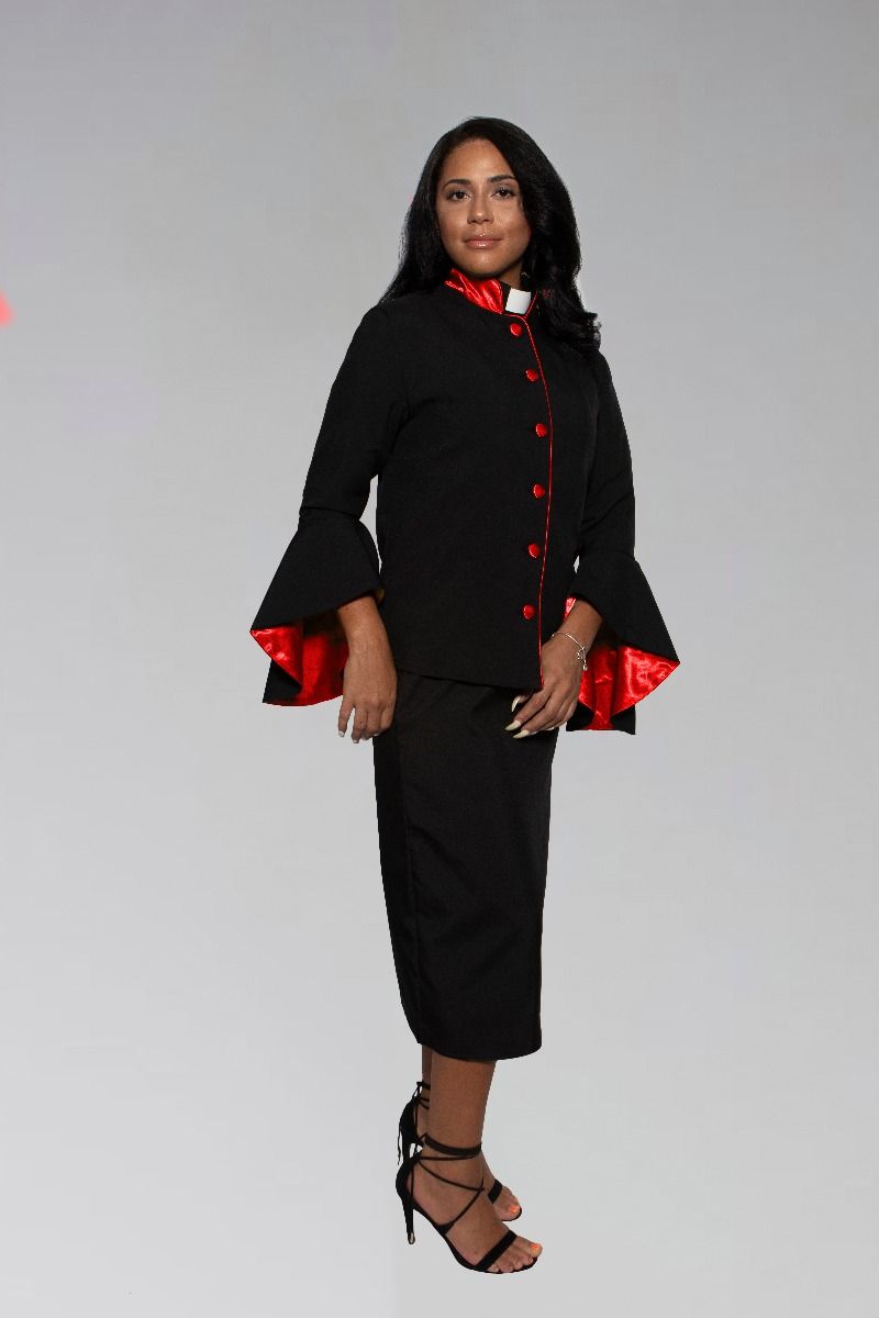 Women's Clergy Suit - Black/Red Flared Sleeve