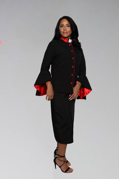 Women's Clergy Suit - Black/Red Flared Sleeve
