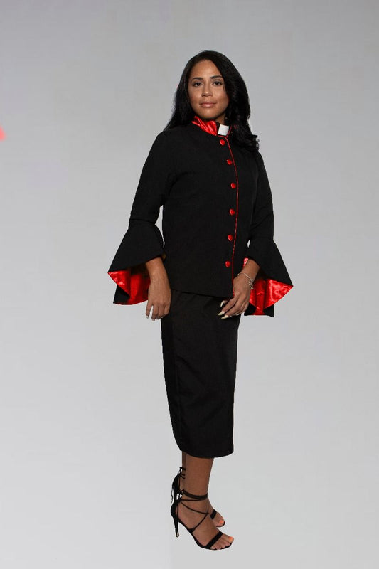 789 W. Women's Clergy Suit - Black/Red Flared Sleeve