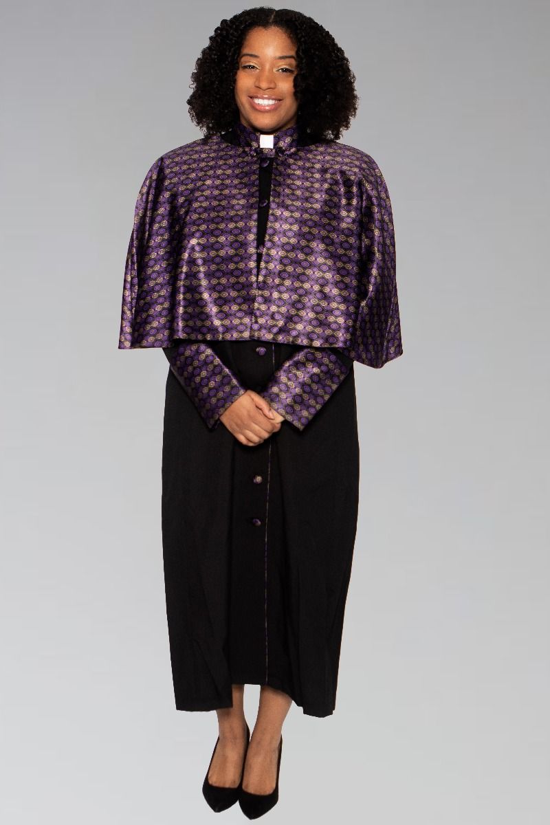 829 W. Ladies Clergy Robe - Black with Special Purple/Gold Brocade