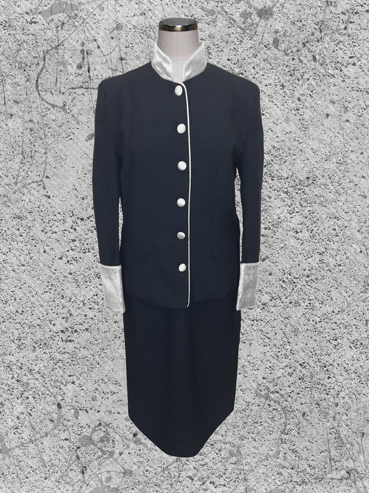 738 W. Women's 2 Pc. Clergy Suit Black with Double Tone White Brocade