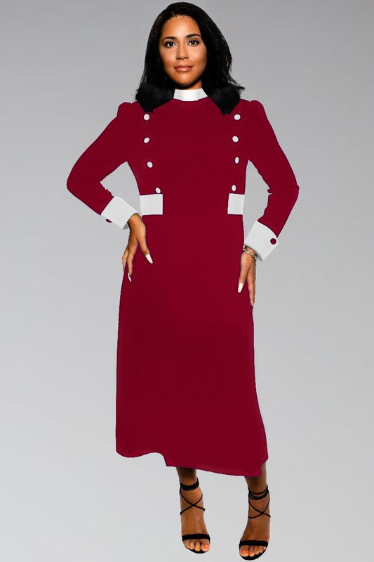 Suit Avenue Women's Clergy Dress Burgundy with White Designer Buttons