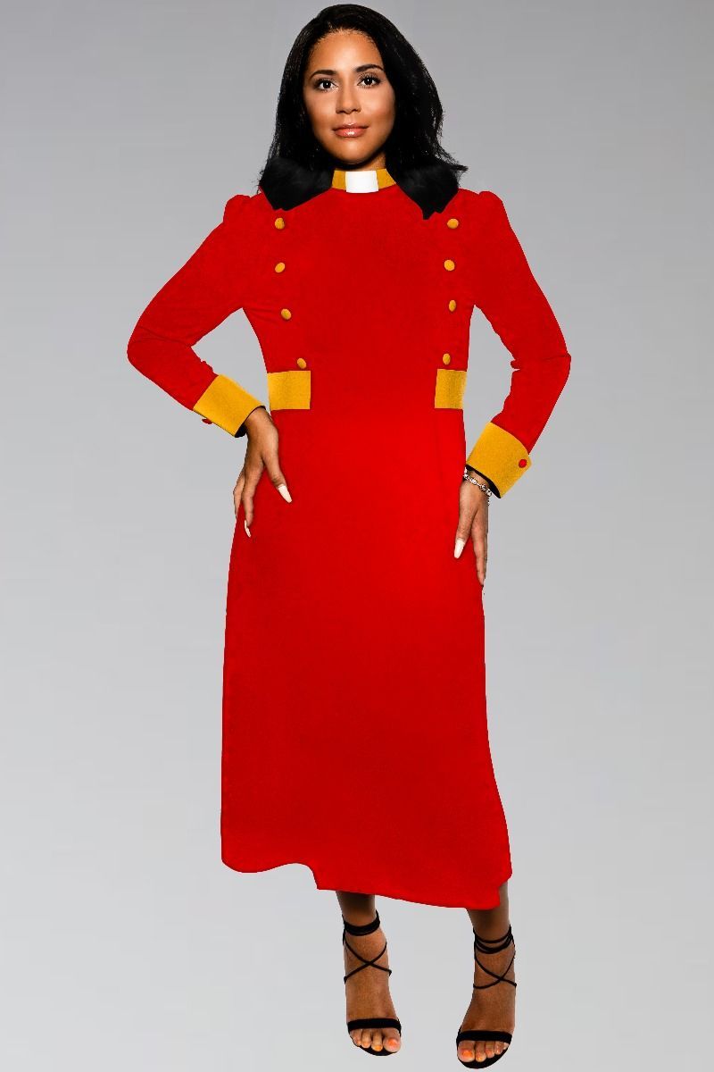 Women's Clergy Dress Red with Gold Designer Buttons