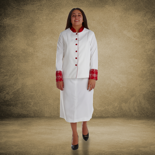 735 W. Women's 2 Pc. Clergy Suit White/Red Brocade