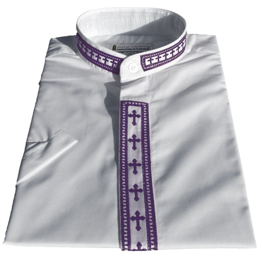 767. Women's Short-Sleeve Clergy Shirt With Fine Embroidery - White/Purple