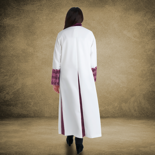 814 W. Women's Premium Clergy/Pastor Robe - White/Purple with Fancy Pleats