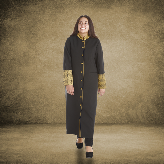 811 W. Women's Premium Clergy/Pastor Robe - Black/Gold with Fancy Pleats