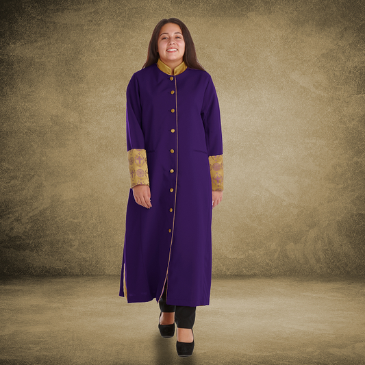 812 W. Women's Premium Clergy/Pastor Robe - Purple/Gold with Fancy Pleats