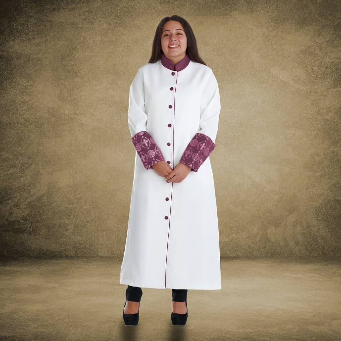814 W. Women's Premium Clergy/Pastor Robe - White/Purple with Fancy Pleats