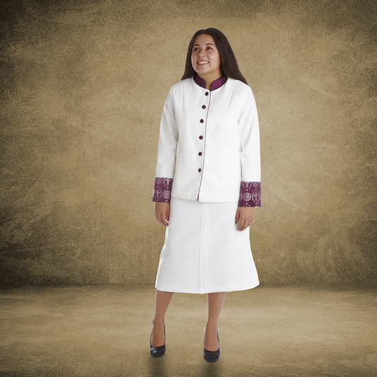 733 W. Women's 2 Pc. Clergy Suit White/Purple Brocade