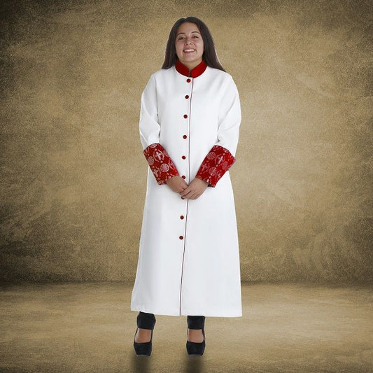 813 W. Women's Premium Clergy/Pastor Robe - White/Red with Fancy Pleats
