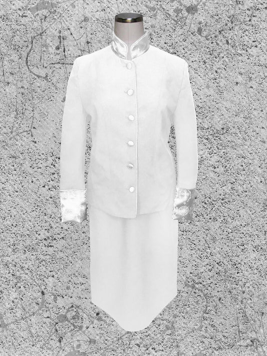 732 W. Women's 2 Pc. Clergy Suit White with Double Tone White Brocade