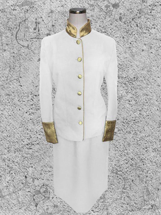739 W. Women's 2 Pc. Clergy Suit White with Double Tone Gold Brocade
