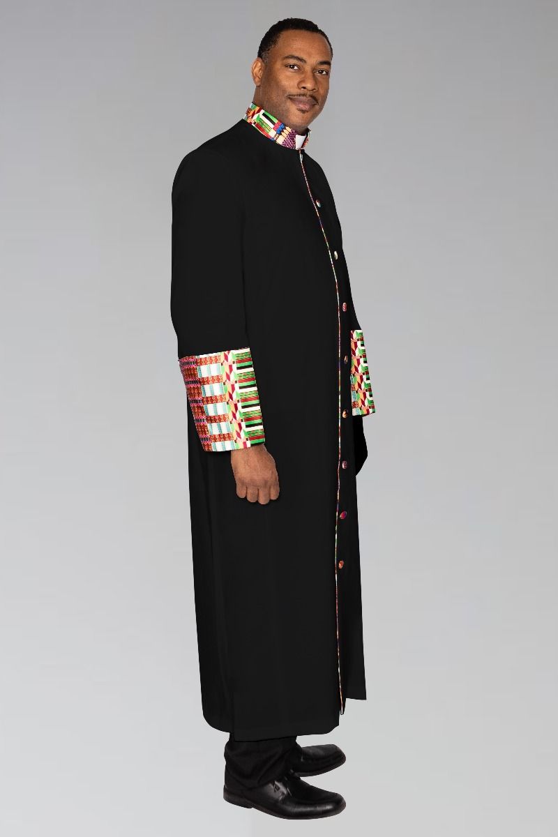 832 M. Men's Clergy Robe - Black with Modern African Kwangali Cloth