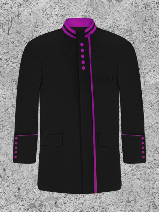 Men's Modern Button Frock Clergy Jacket - Black with Purple