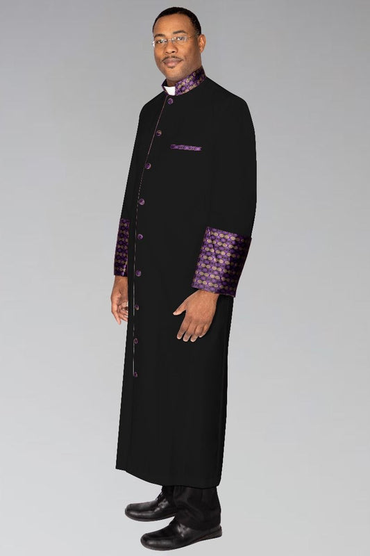 826 M. Men's Clergy Robe - Black with Special Purple/Gold Brocade